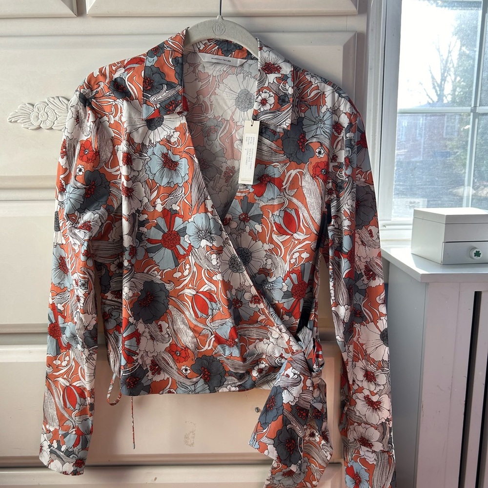 Rebecca Taylor Size Small Coral Poppy Field Wrap Top NWT